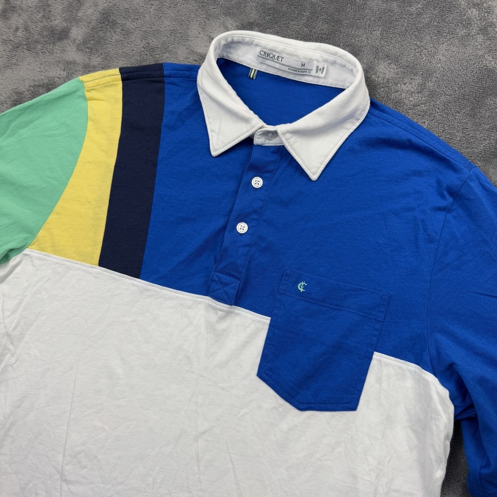 Criquet Polo Shirt Mens Medium Blue White Green Colorblock Pocket Organic Cotton